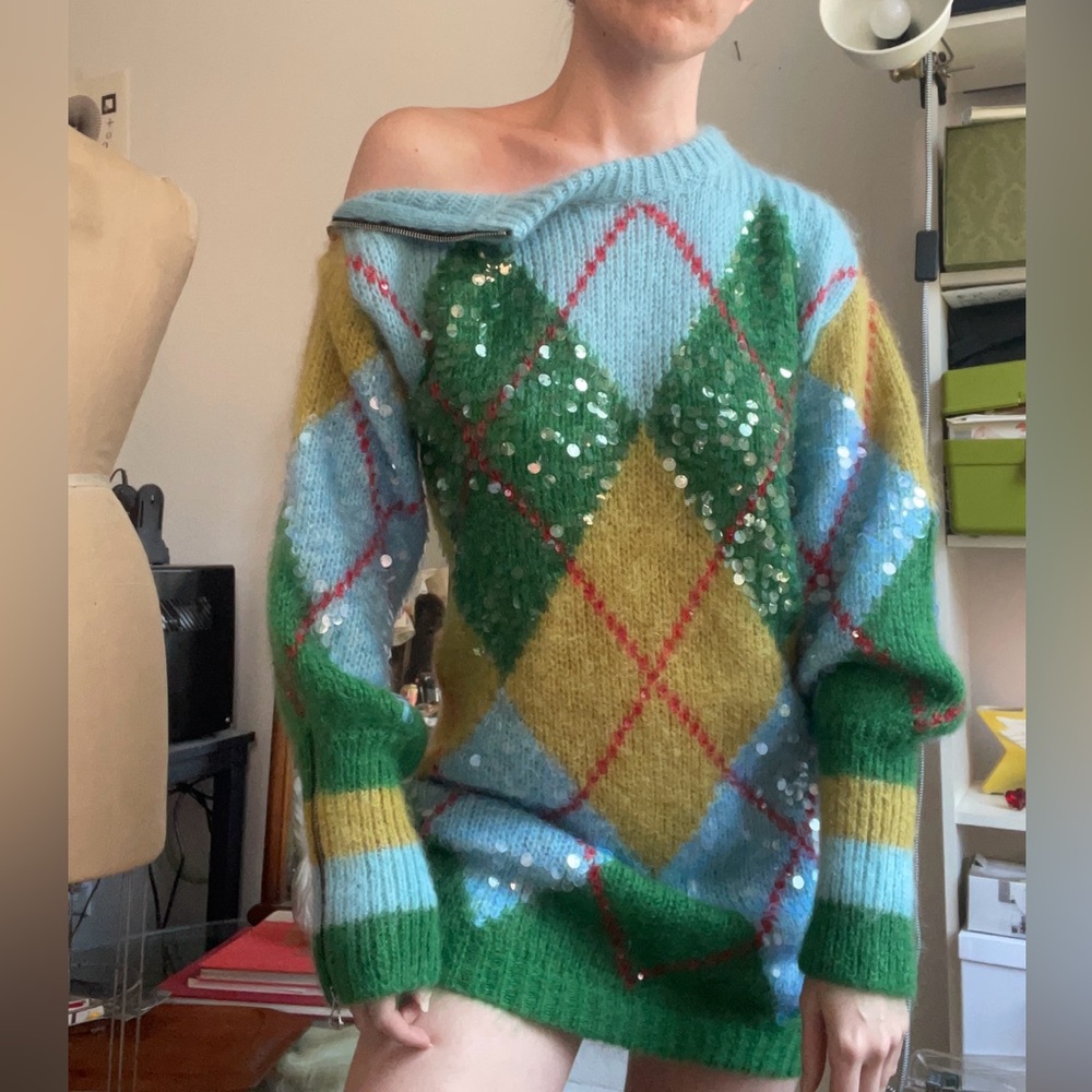 Gucci Off-the-Shoulder Argyle Sweater in Green and Blue